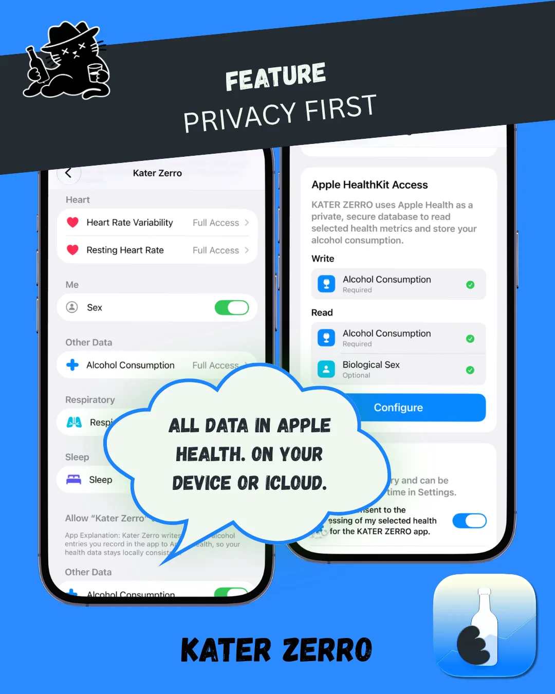 Apple Health permission settings and KATER ZERRO privacy controls