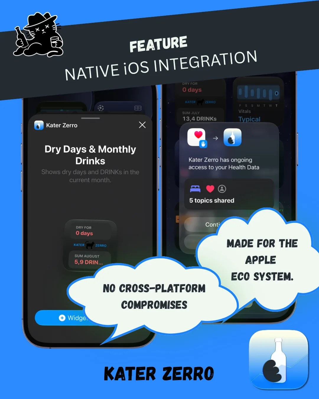 KATER ZERRO widget setup and Apple Health sharing shown on iPhone